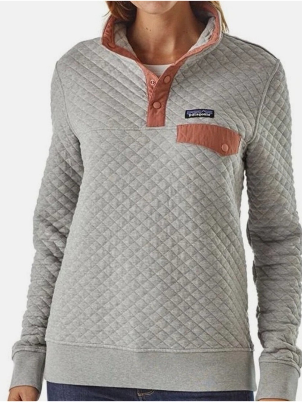 Patagonia Quilted Pullover Sweatshirt - Light Gray with Rust Trim